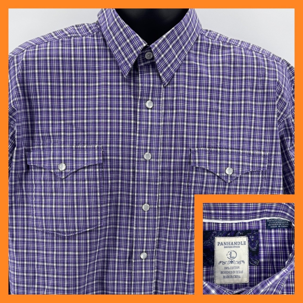 Panhandle‎ Rough Stock Mens Plaid Long Sleeve Pearl Snap Button Western Shirt L